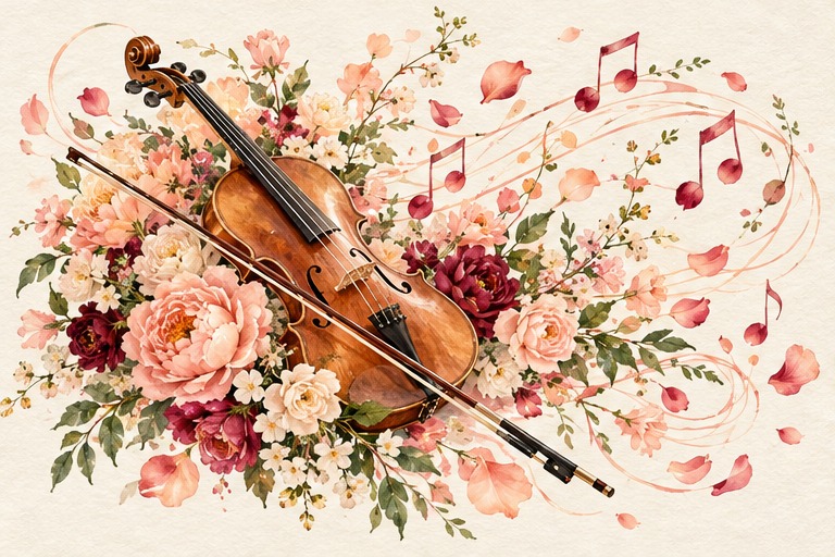 Skripka va gullardan iborat bayram musiqasi tasviri